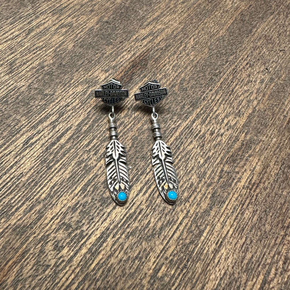 Harley-Davidson Silver and Turquoise Feather Earrings